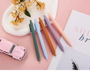 Detailed close-up of 5 Morandi matte retractable gel pens arranged on a stylish desk