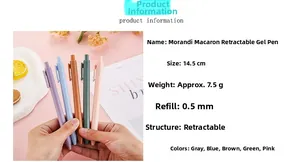 Detail showing 0.5mm retractable gel pen specifications and dimensions in Morandi colors