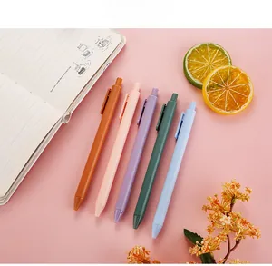 Close-up of five Morandi color retractable gel pens on a pink notebook background