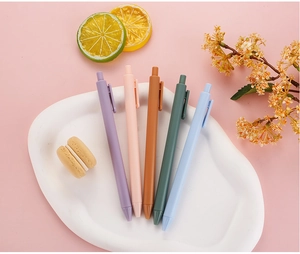 Detailed view of 5-piece Morandi color retractable gel pens on a white display tray