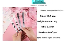 Detail of creative syringe-shaped gel pen with 0.5mm nib and motivational text prints
