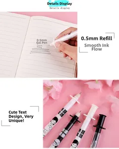 Detail of 0.5mm syringe shaped gel pens with cute cartoon prints on pink background