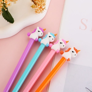 Set of four 0.5mm unicorn pens in pastel colors with 3D cartoon unicorn toppers