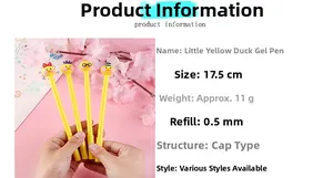 Detail view of 17.5cm duck gel pens showing assorted cartoon caps and technical dimensions