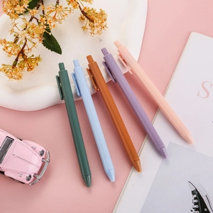 Morandi macaron retractable gel pens in five matte colors on a pink lifestyle background