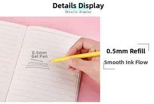Detailed view of 0.5mm yellow cartoon duck gel pen writing smoothly on notebook