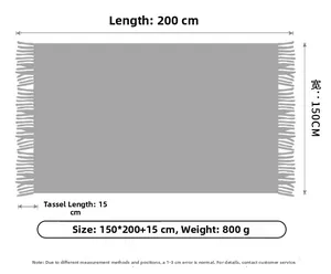 Detailed size chart showing 150x200cm dimensions for a solid grey knit tassel throw blanket
