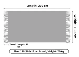 Detailed size chart for gray knitted throw blanket with 15cm fringe, 130x200cm, 710g