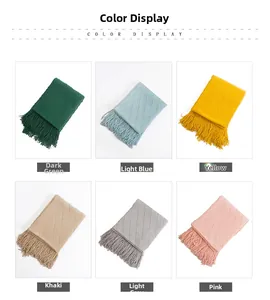 Color display of knitted tassel blankets in green, blue, yellow, khaki, grey and pink
