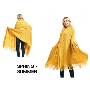 Close-up of diamond knit texture and fringe tassels on a yellow lightweight shawl