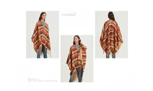Three-view detail of women's plaid poncho with fringe hem in orange and brown tones