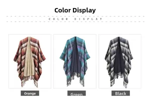 Detailed view of three plaid shawl colorways with long tassel trim in a flat lay display