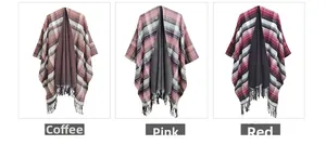 Detailed comparison of coffee, pink, and red plaid poncho shawls with fringe trim