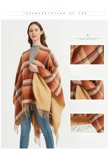 Close-up of the orange and beige plaid fabric, detailed stitching, and fringe hemline