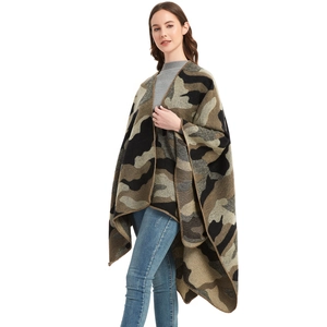 Poncho de punto de camuflaje para mujer con abertura para otoño e invierno cálido