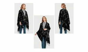 Detailed views of a black and grey plaid poncho with long fringe trim and open front