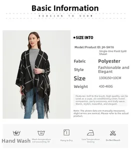 Especificaciones detalladas del poncho de cuadros negros y grises con flecos de poliéster