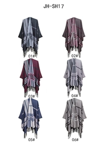 Detailed grid showing six color options for the plaid poncho with fringed edges