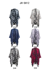 Multi-color grid patterns and fringed hem details for women's plaid poncho shawl