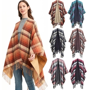 Women's Vintage Plaid Tassel Poncho Shawl Double Sided Jacquard Warm Winter Cape Acrylic Knitted Open Front Wrap