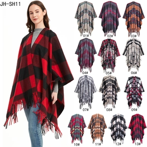 Women's plaid tassel poncho shawl wrap featuring multiple classic checkered patterns