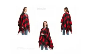 Three-view display of thick red and black buffalo plaid poncho with fringe tassels