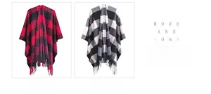 Classic plaid winter poncho with thick tassels in red, black and grey grid patterns