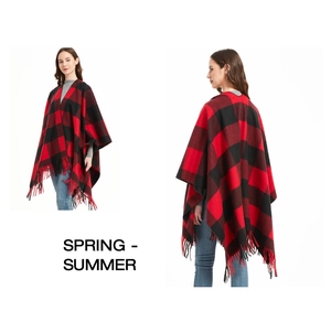 Detail showing red and black buffalo check pattern on thick knit tassel shawl cape