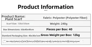 Detailed specification chart for plaid polyester scarf with 135x135cm size details