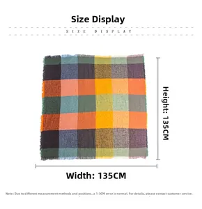 Size chart showing 135x135cm dimensions for the thick colorful checkered square scarf