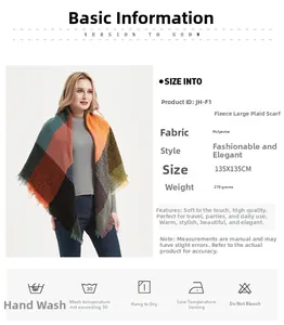 Close-up of large plaid polyester scarf showing 135x135cm size and fringe texture