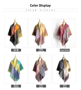 Detailed grid display of six plaid scarves featuring various colors and tassel edges
