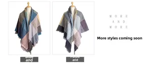 Detail view of plaid scarves in blue-pink and purple-black with soft fringe edges