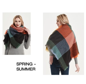 Detail of multi-color plaid scarf featuring soft fringed edges and large check pattern