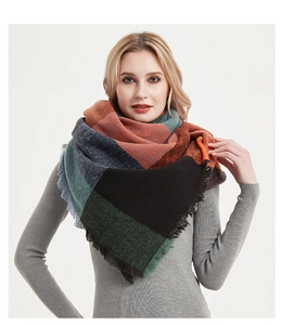 Macro view of thick knit plaid scarf texture with detailed fringe and contrasting colors