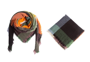 Close-up of thick plaid scarf with colorful oversized checks and tassel edge details
