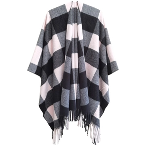 Women's autumn thick plaid poncho wrap with fringes in pink and grey check pattern