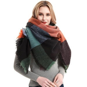 Thick plaid knit scarf wrap with colorful block patterns and fringed edges for winter