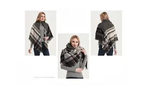 Detailed views of a thick herringbone plaid shawl with fringe tassels in grey and brown