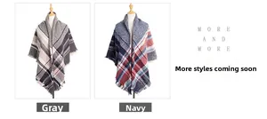 Detail view of plaid tassel scarves in grey and navy blue with thick herringbone weave