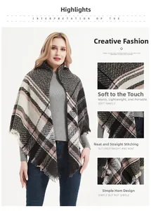 Detailed view of the fishbone pattern fabric and fringe tassels on a soft plaid scarf