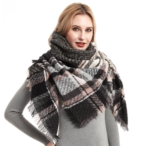 Women Large Plaid Scarf Shawl Soft Thick Warm Winter Checked Wrap With Tassel Fringe Square