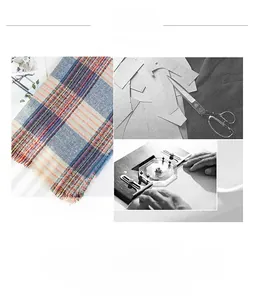 Macro detail of multicolored plaid scarf texture with fringed edges and sewing process