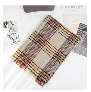 Detailed view of soft plaid scarf with fringe, featuring yellow, red and blue check patterns