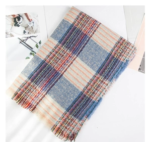 Detail shot of multi-color plaid scarf with soft fringe edges and woven texture