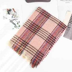 Pink checkered plaid scarf with soft tassels and colorful textured knit patterns