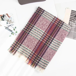 Close-up of classic burgundy plaid scarf with fringe detail and soft bouclé texture