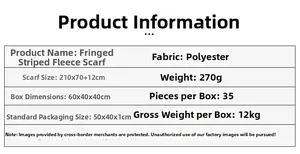 Detailed size and material chart for the soft striped fringe scarf, 210x70cm polyester