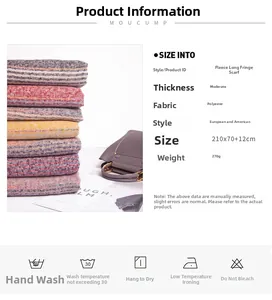 Detail showing polyester striped tassel scarf dimensions and material specifications