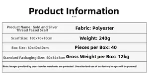 Tabella specifiche per sciarpa a quadri con frange in lurex, 180x70cm, 240g in poliestere